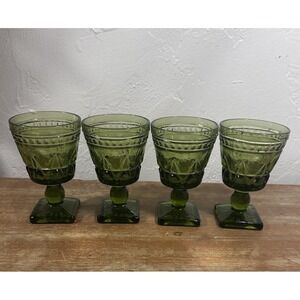 4 Vintage Indiana Glass Mt Vernon Green Water Goblets Glasses Flare Avocado